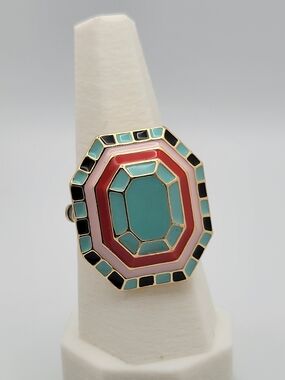 Gold-Tone Enamel Octagon Statement Ring - Turquoise, Pink & Red